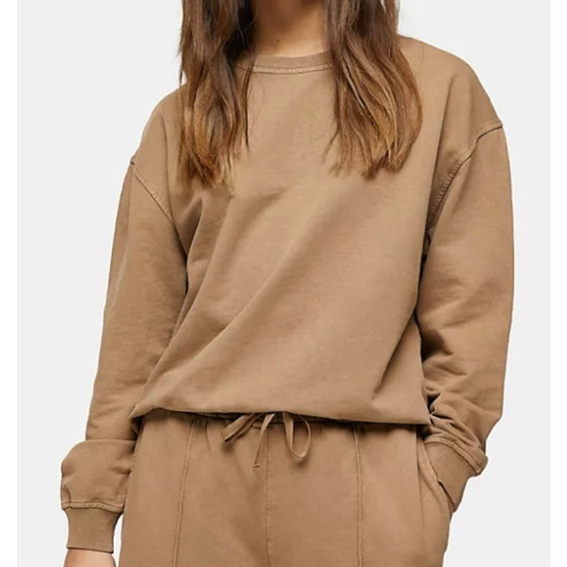 Topshop Acid Washed Long Sleeve Crew Neck Sweatshirt Size 8-10 US in Camel NWT