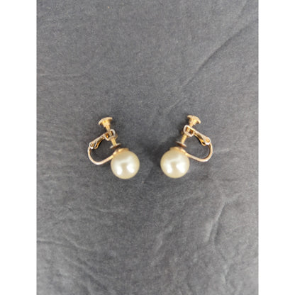 Vintage Faux Pearl Drop Dangle Earrings Gold Tone Screw Back Retro Classic