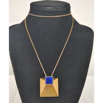 Vintage Gold Geometric Pyramid Art Deco Pendant Serpentine Necklace Blue Stone