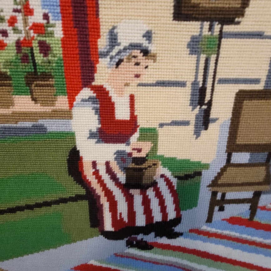 Vintage LARGE NEEDLEPOINT Colonial woman fireplace Cat primitive Textile Art 34"