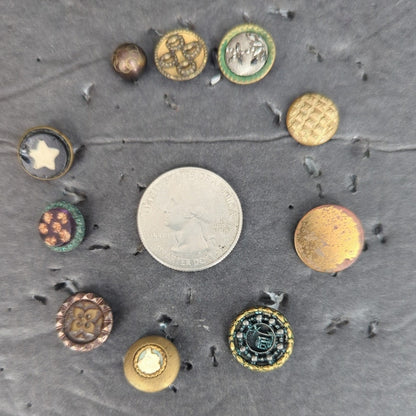 LOT P of 10 Antique Vintage Victorian Brass Mixed Materials Buttons ESTATE FIND