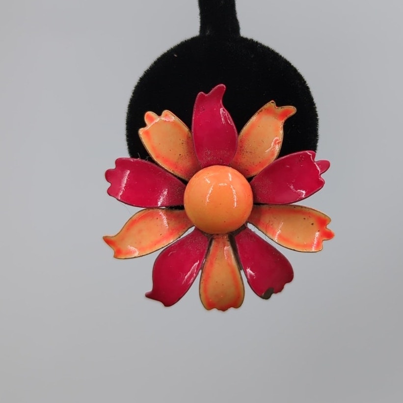 Vintage Orange & Persimmon Enameled Tiered Floral Clip On SunburstEarrings