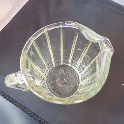 Vintage Small Heavy Clear Glass PITCHER w/ Ice Lip, Square Handle & Wide Ribs