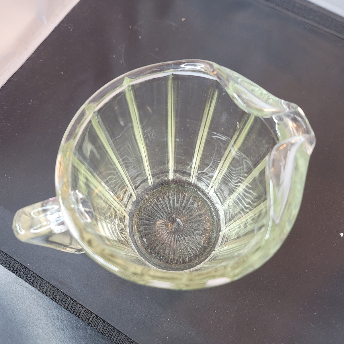 Vintage Small Heavy Clear Glass PITCHER w/ Ice Lip, Square Handle & Wide Ribs
