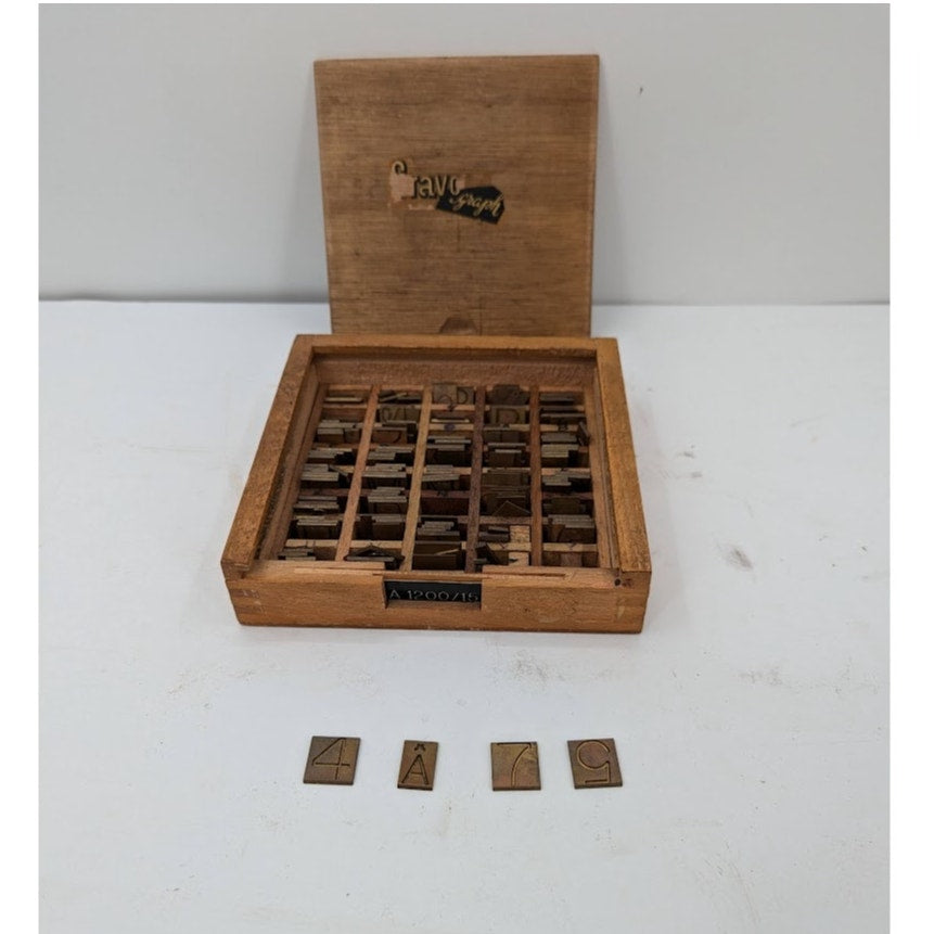 Gravograph Miscellaneous BRASS letters Typeset Printer 3/4" tall 2 LBS woodbox