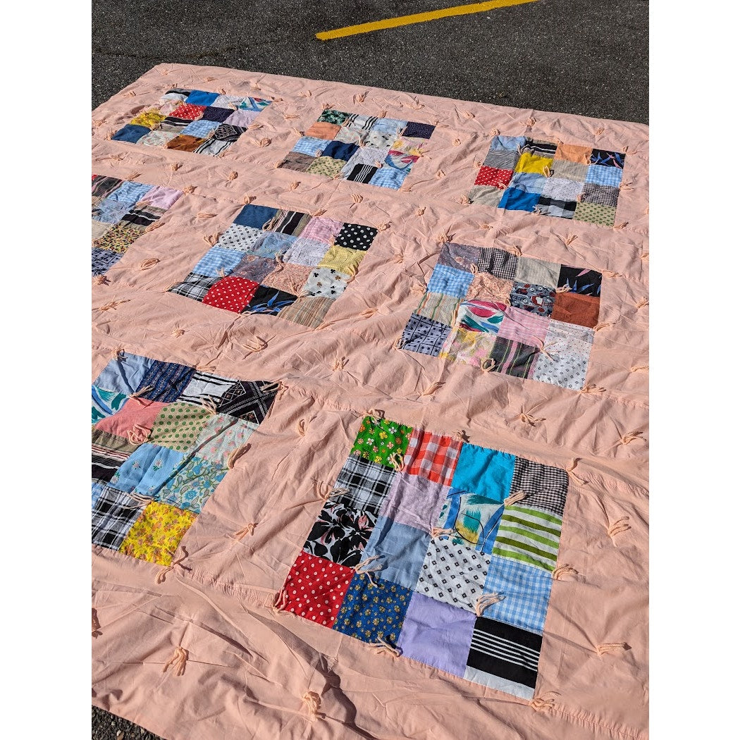 Handmade Patchwork Quilt Peach Yarn tassel 96" x 103"  Cabin Vintage KING/QUEEN