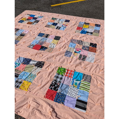 Handmade Patchwork Quilt Peach Yarn tassel 96" x 103"  Cabin Vintage KING/QUEEN
