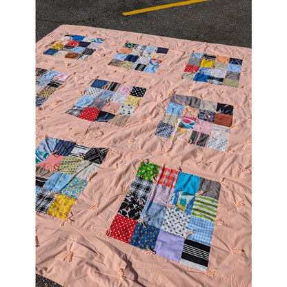 Handmade Patchwork Quilt Peach Yarn tassel 96" x 103"  Cabin Vintage KING/QUEEN
