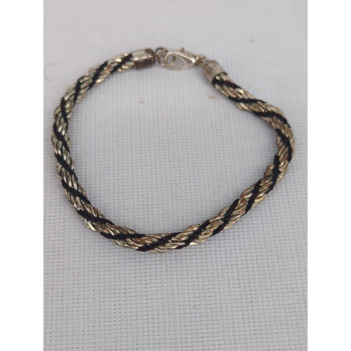 Vintage Silver Tone Black Twisted Rope Chain Bracelet and Hoop Earrings Set