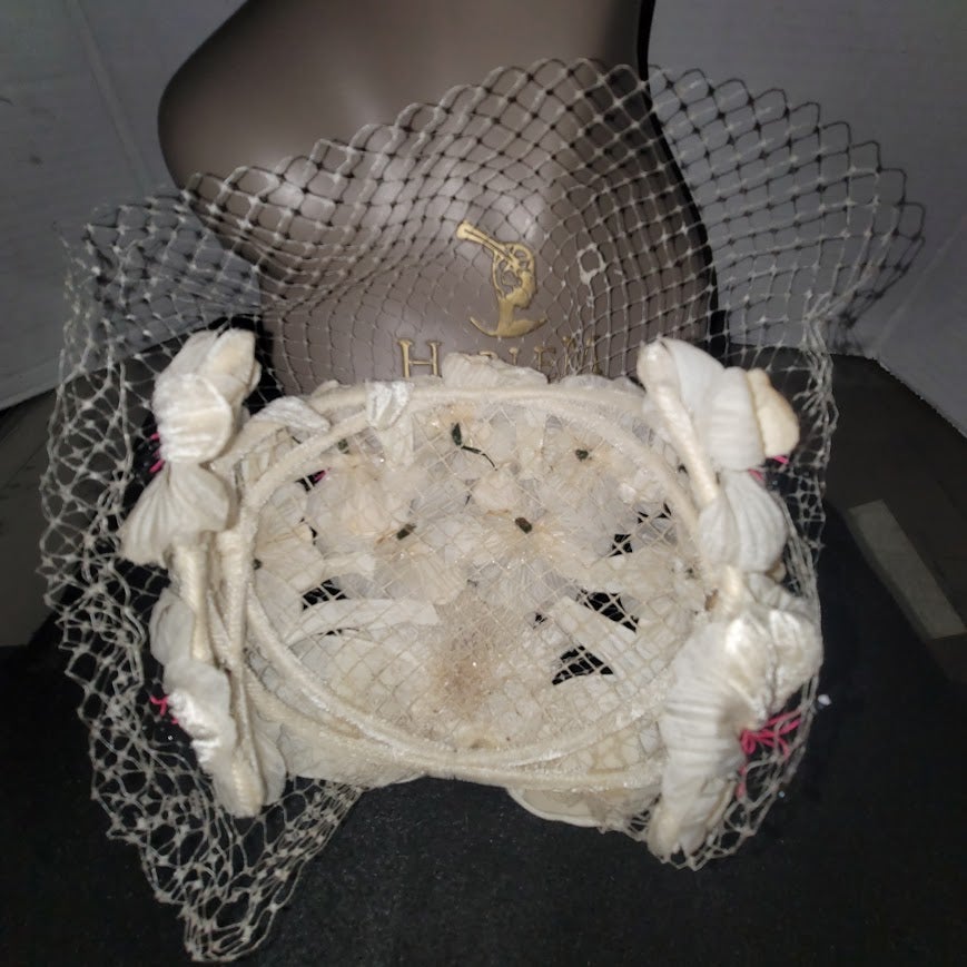 Vintage 1950s Cream Floral Birdcage Veil Pillbox Hat Sequins Rhinestones