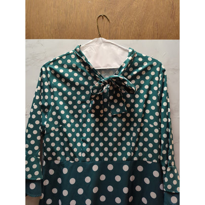 Vintage Kelly Green Polka Dot Pussy Bow Ruffle Hem Dress 16 Retro Pinup