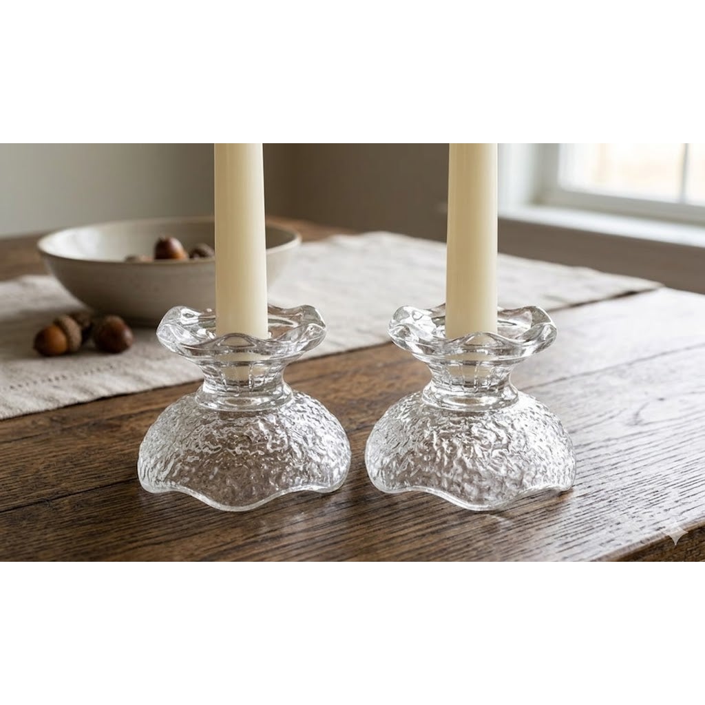 Pair of frosted ice Vintage Anchor Hocking Crinkle Clear Glass Candle Holder