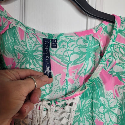 Casey Key Pink & Green Pineapple Lace Bell Sleeve Hi-low Chiffon Blouse XX-Large