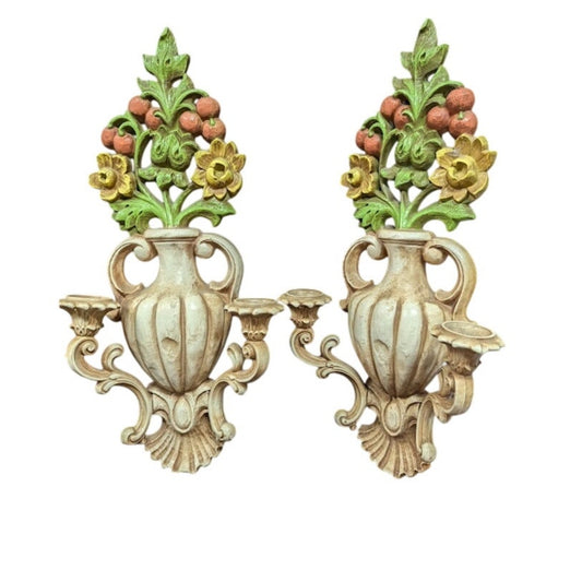 Vintage 60's PAIR  wall candleholders flower vase amphora HOMCO large Ornate