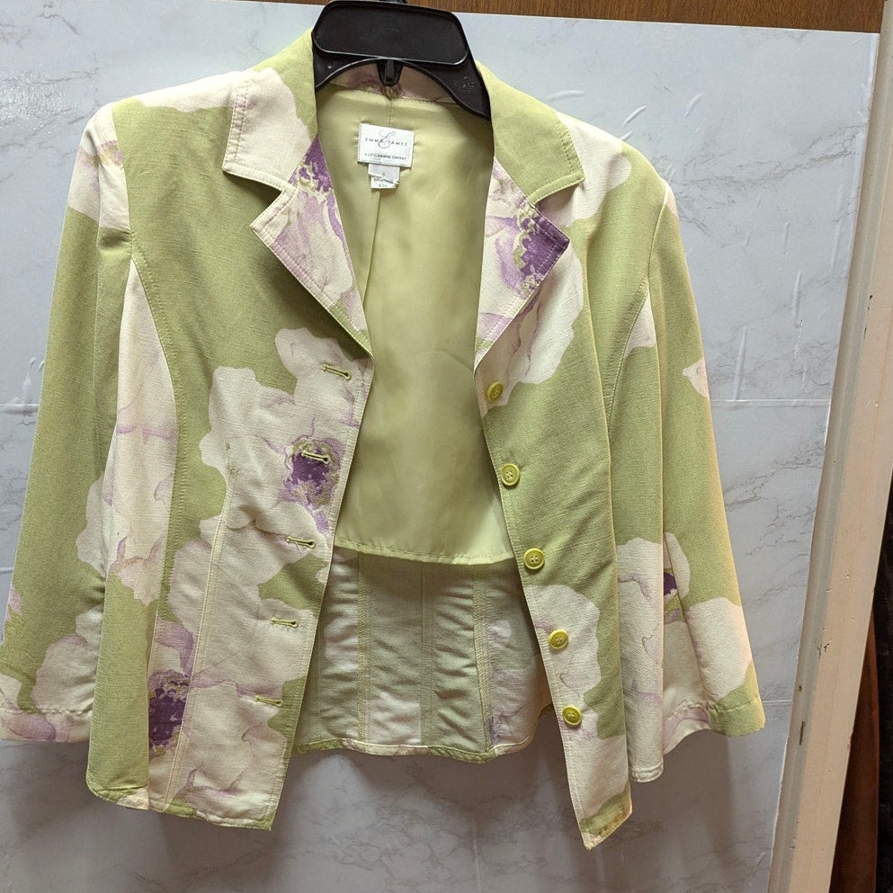 Emma James Watercolor Floral Blazer Jacket Sage Green Purple Size 6