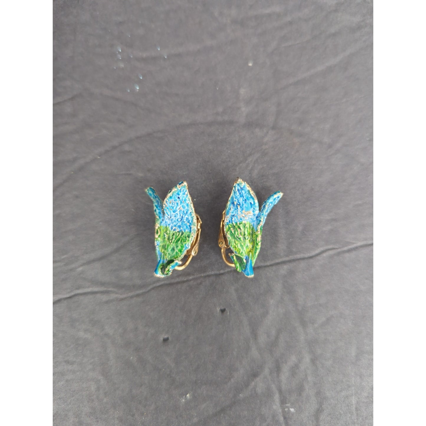 Handmade Blue & Green Leaf Paper Mache Clip On Dangle Earrings Retro Fairycore