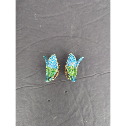 Handmade Blue & Green Leaf Paper Mache Clip On Dangle Earrings Retro Fairycore