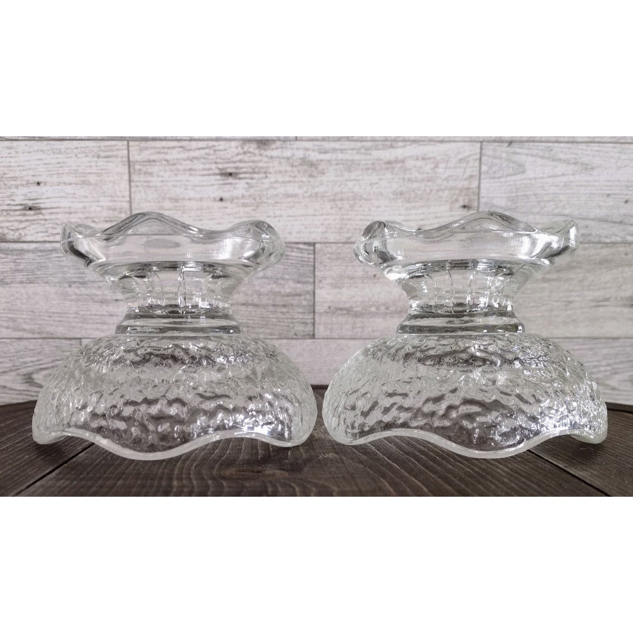 Pair of frosted ice Vintage Anchor Hocking Crinkle Clear Glass Candle Holder