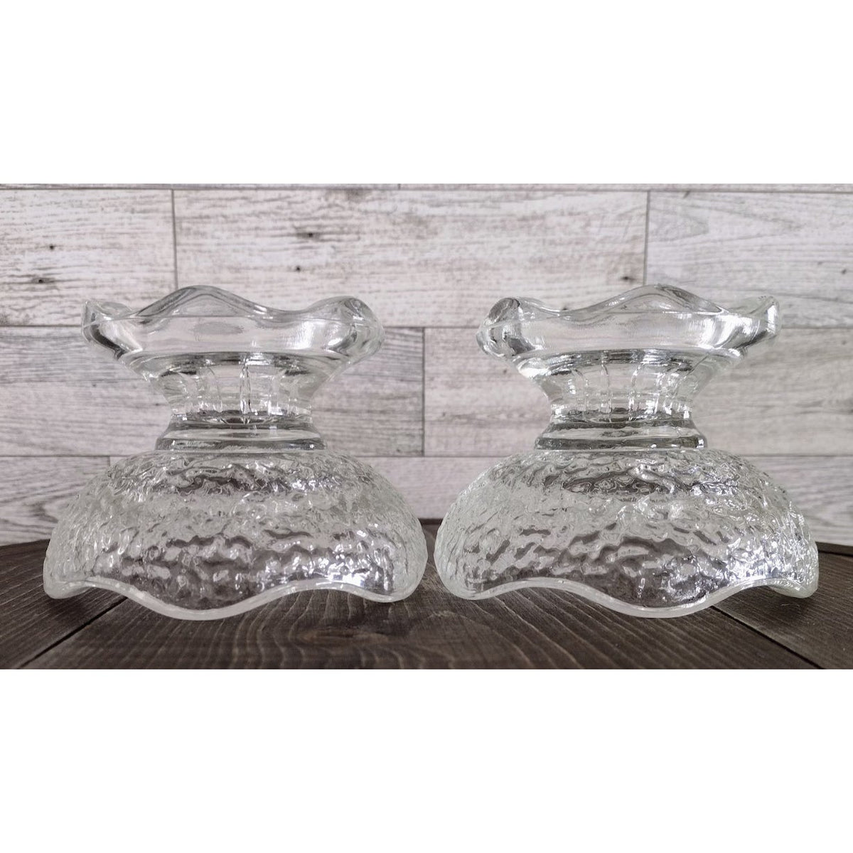 Pair of frosted ice Vintage Anchor Hocking Crinkle Clear Glass Candle Holder
