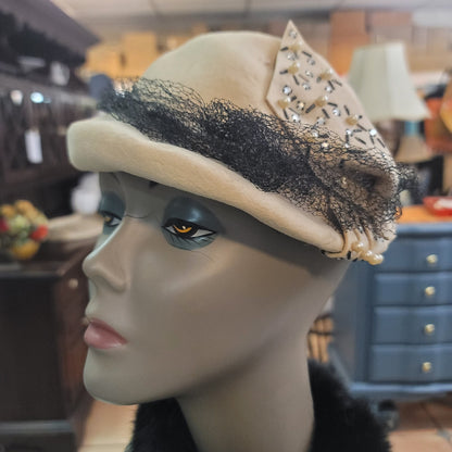 Vintage Hornberger Berkshire Wool Hat Cream Rhinestone Netting 1950s
