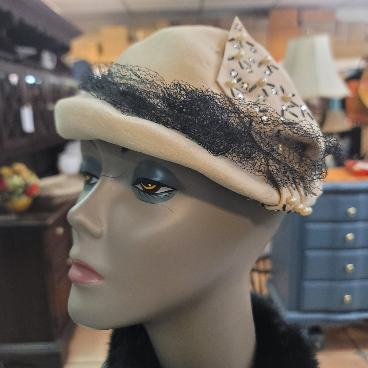 Vintage Hornberger Berkshire Wool Hat Cream Rhinestone Netting 1950s