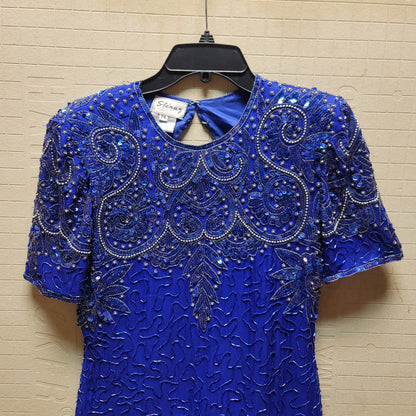 Stenay Vintage 80s Silk Sequin Beaded Knee High 6P Dress Electric Blue Cocktail