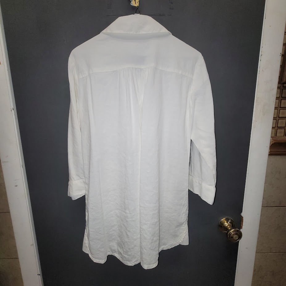 Eileen Fisher Small White Blouse Tunic Dress Button Up collar Linen 3/4 Sleeve