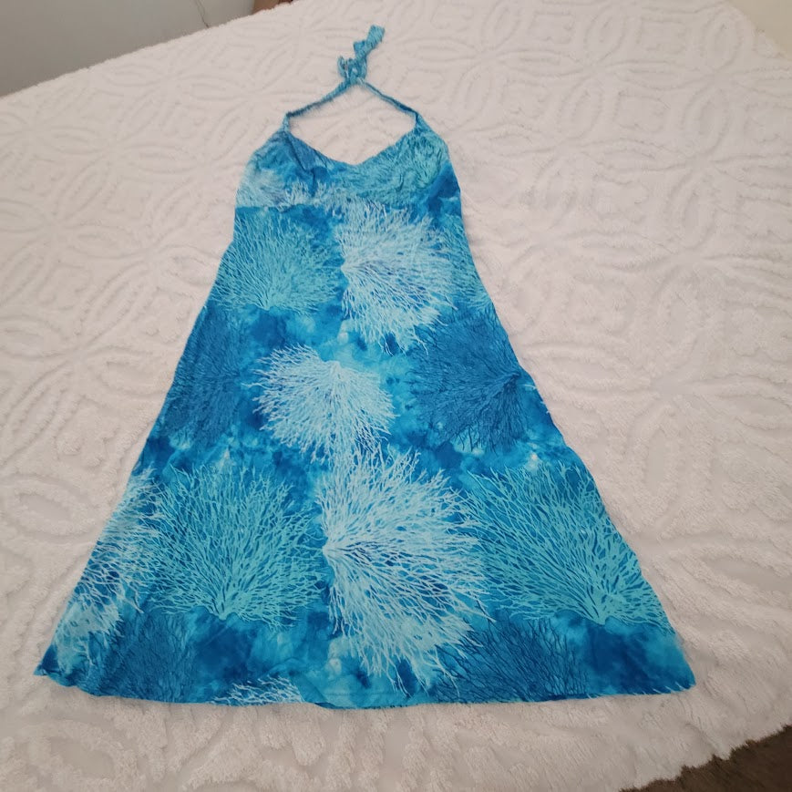 Hilo Hattie Hawaiian Blue Tie Dye Halter Dress Size Medium Resortwear Vacation