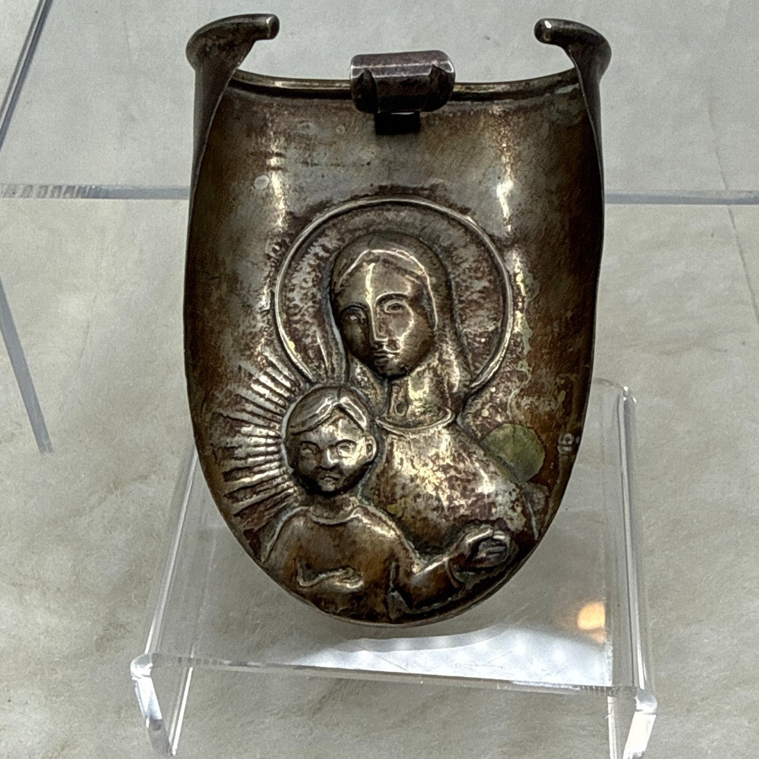 Vintage 915 Silver Madonna & Child Pendant Shield Medal Religious Spain Heirloom