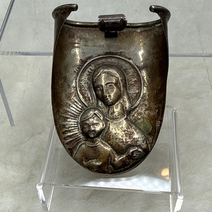 Vintage 915 Silver Madonna & Child Pendant Shield Medal Religious Spain Heirloom