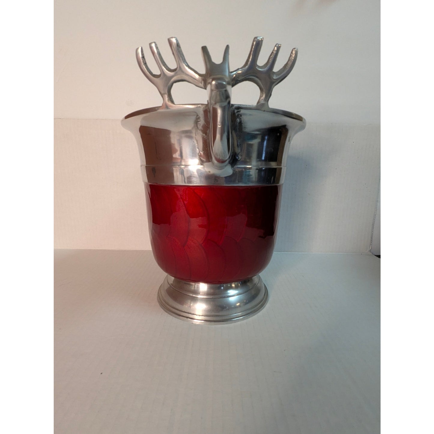 Vintage Red Enamel & Silver Stag Head Ice Bucket champagne Cabin Ski lodge