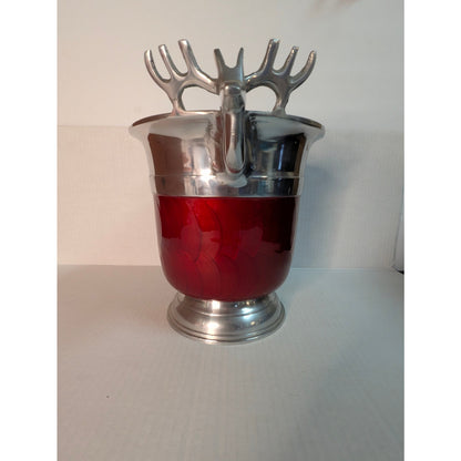 Vintage Red Enamel & Silver Stag Head Ice Bucket champagne Cabin Ski lodge