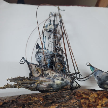 Large VINTAGE Copper bronzed ship brig dingy mounted on varnished 15" x 17" wood