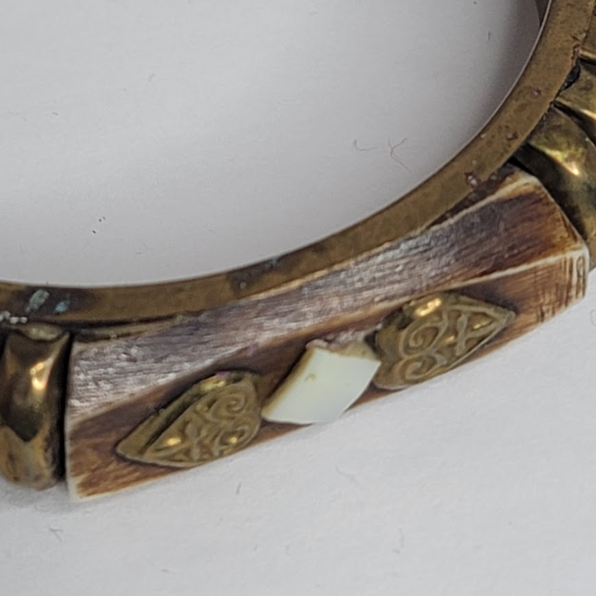 Wood Brass bone bracelet Vintage Viking MCM brown goldtone Bone Viking bangle