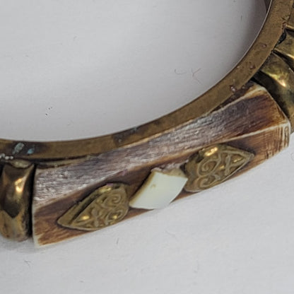 Wood Brass bone bracelet Vintage Viking MCM brown goldtone Bone Viking bangle