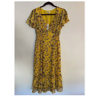 Max Studio Floral Ruffle Flutter Sleeve Dress Yellow Medium Gold Spring NEW