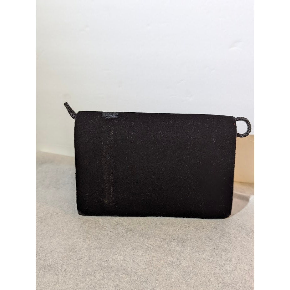 Vintage 80s Glam Black Velvet Clutch Bag Red Satin Rosette Ribbon Retro Evening