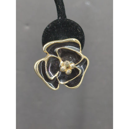 Vintage Black Enamel Gold Tone Rose Clip On Earrings 1980s Glam Flower
