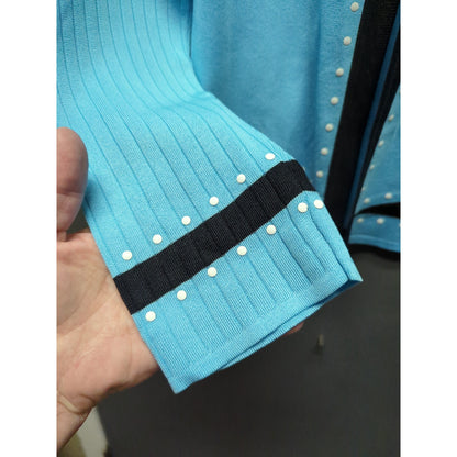 Ming Wang Blue & Black Studded White Dots Knit Jacket Size Small Cardigan