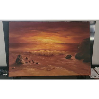 Vintage Mid-Century Sunset Seascape Oil Painting Canvas Signed by A. Eriksen