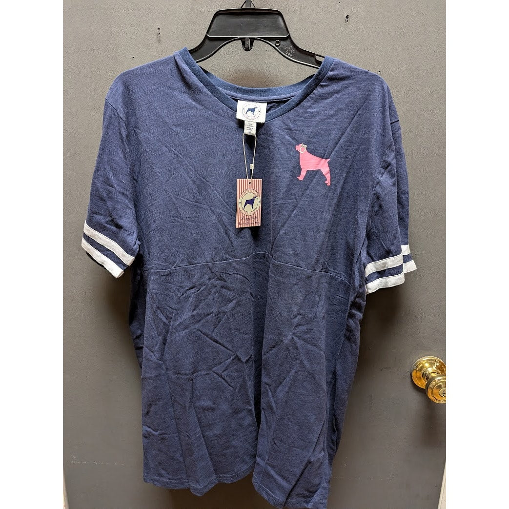 Southern Girl Prep MEDIUM NEW SHORT  Sleeve Shirt Cotton DARK BLUE WHITE STRIPE
