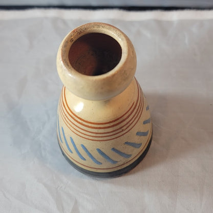 Vintage handmade vase tapered blue rust cream 6" tall
