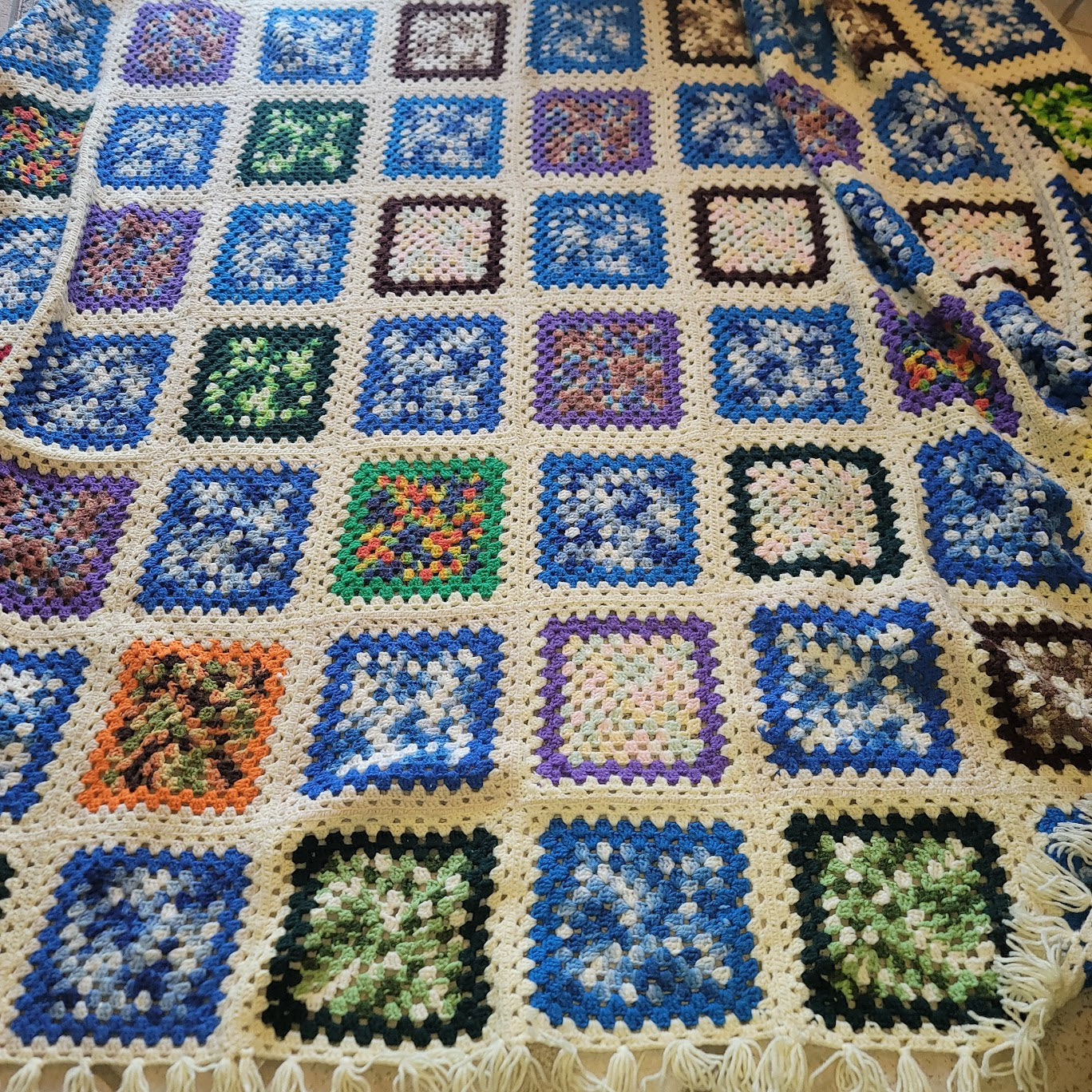 Colorblock Handmade AFGHAN fringe edge Blue Black Creram White Granny Square