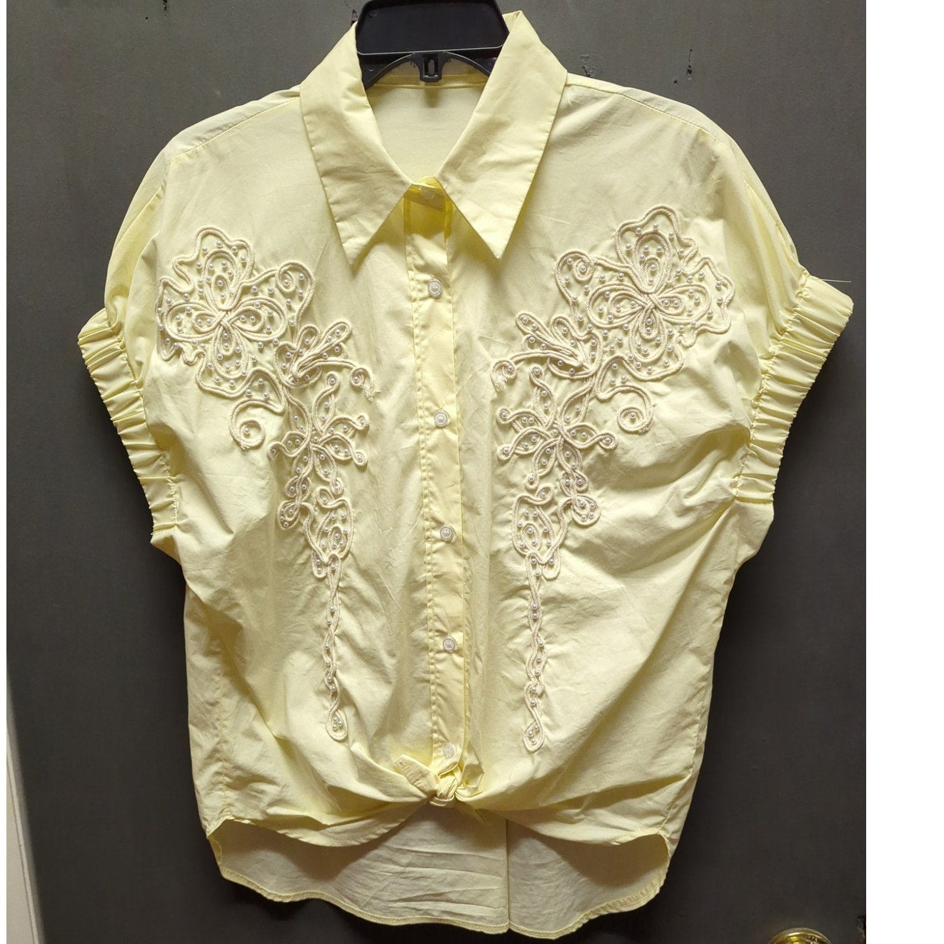 Natalie Grace Yellow Front Tie Soutache Embroidered Button Up Blouse Large