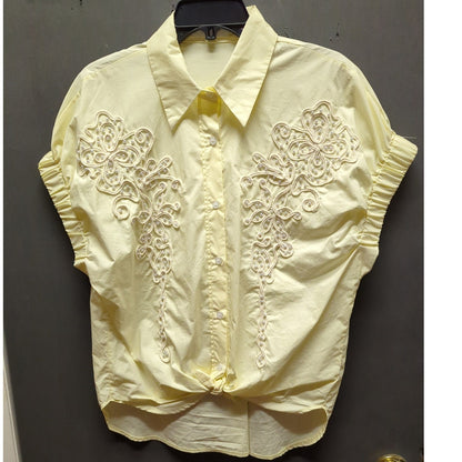 Natalie Grace Yellow Front Tie Soutache Embroidered Button Up Blouse Large