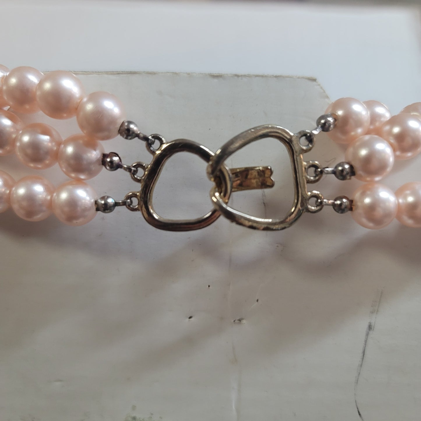 Vintage Fashion Necklace Pink 3 strings multi strand faux pearl 9.5"