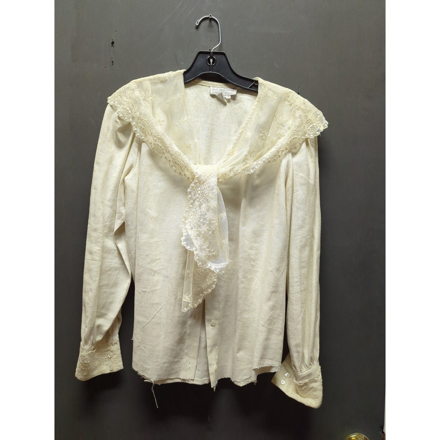 Le Chine Classic 10 Linen Lace Bib Victorian Blouse Cream Raw Hem boho Prairie