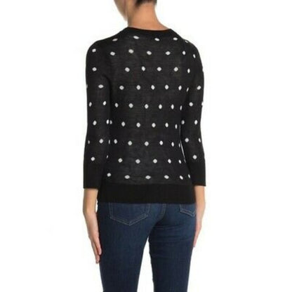 Halogen Crewneck Front Button Cardigan Sweater Small Black WHITE  POLKA DOT