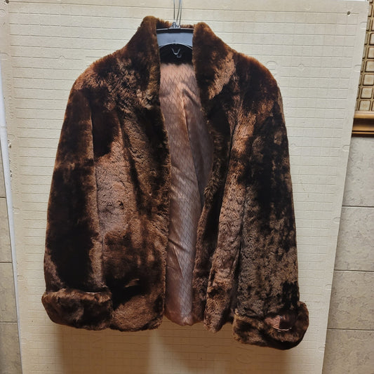 Vintage Mid Century Chocolate Faux Fur Jacket w Cuffed Bell Sleeves Medium/Large