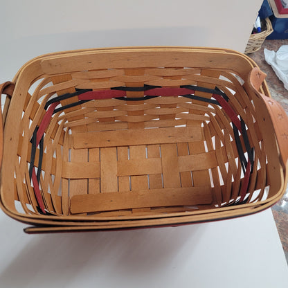Longaberger basket brown red blue stars handles oblong double handle 11"